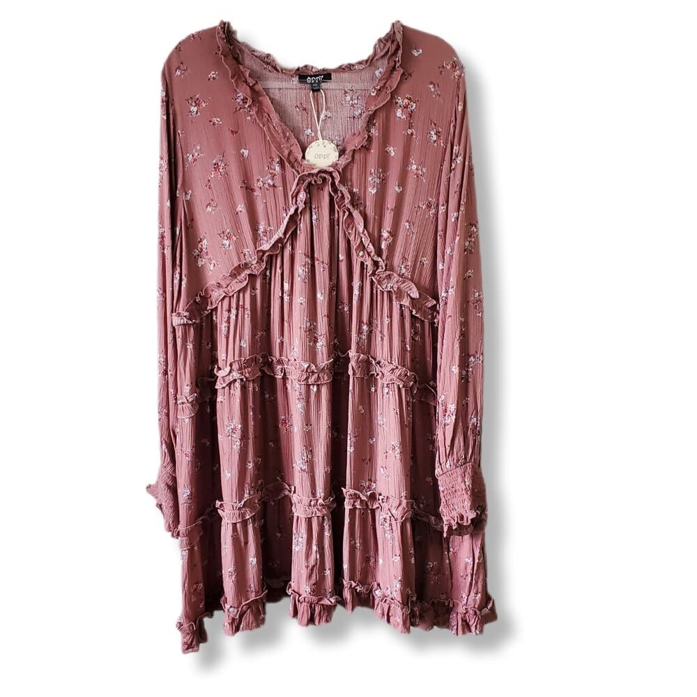 ODDI Nude Pink Floral Tiered Mini Dress 2X Boho Cottagecore Country Renfair NEW